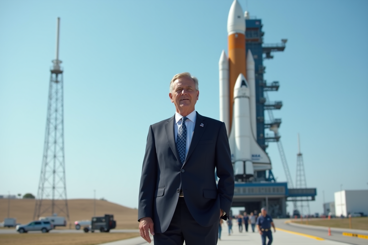 Administrateur NASA devant une fusée au centre spatial Kennedy