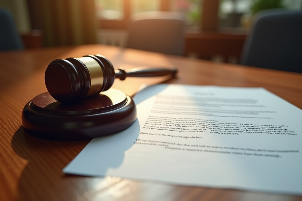 Gavel et email imprimé sur une table de tribunal en justice