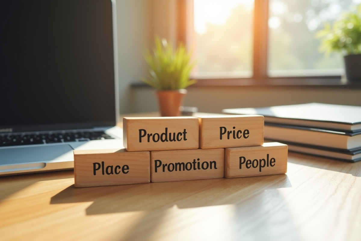 Blocs en bois avec les 4Ps du marketing sur un bureau ensoleille
