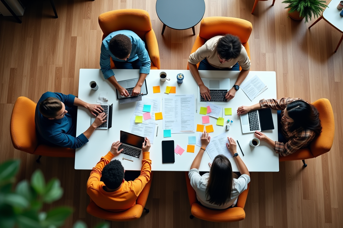 Groupe en brainstorming dans un espace coworking créatif