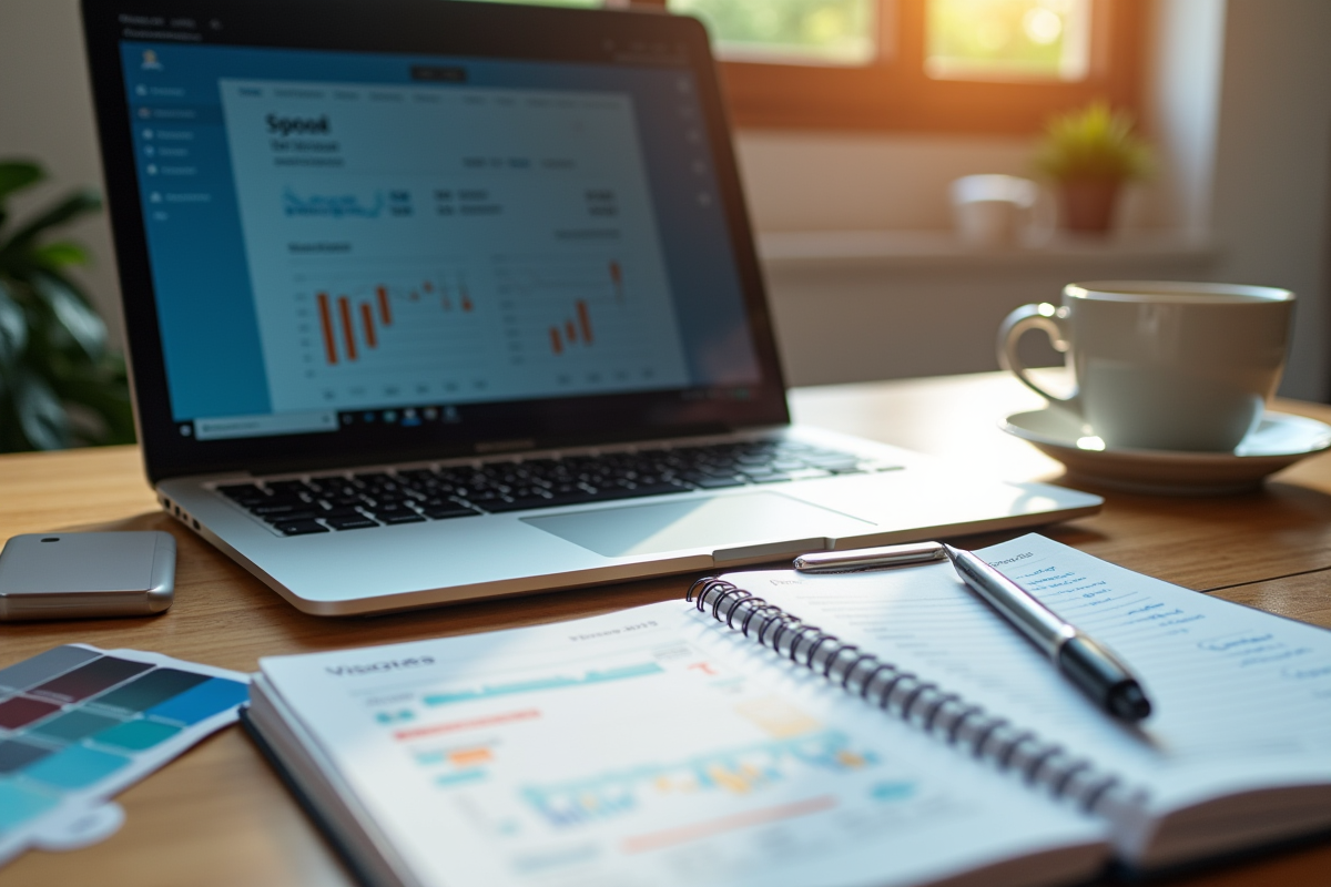 Espace de travail créatif avec ordinateur et notes de prix