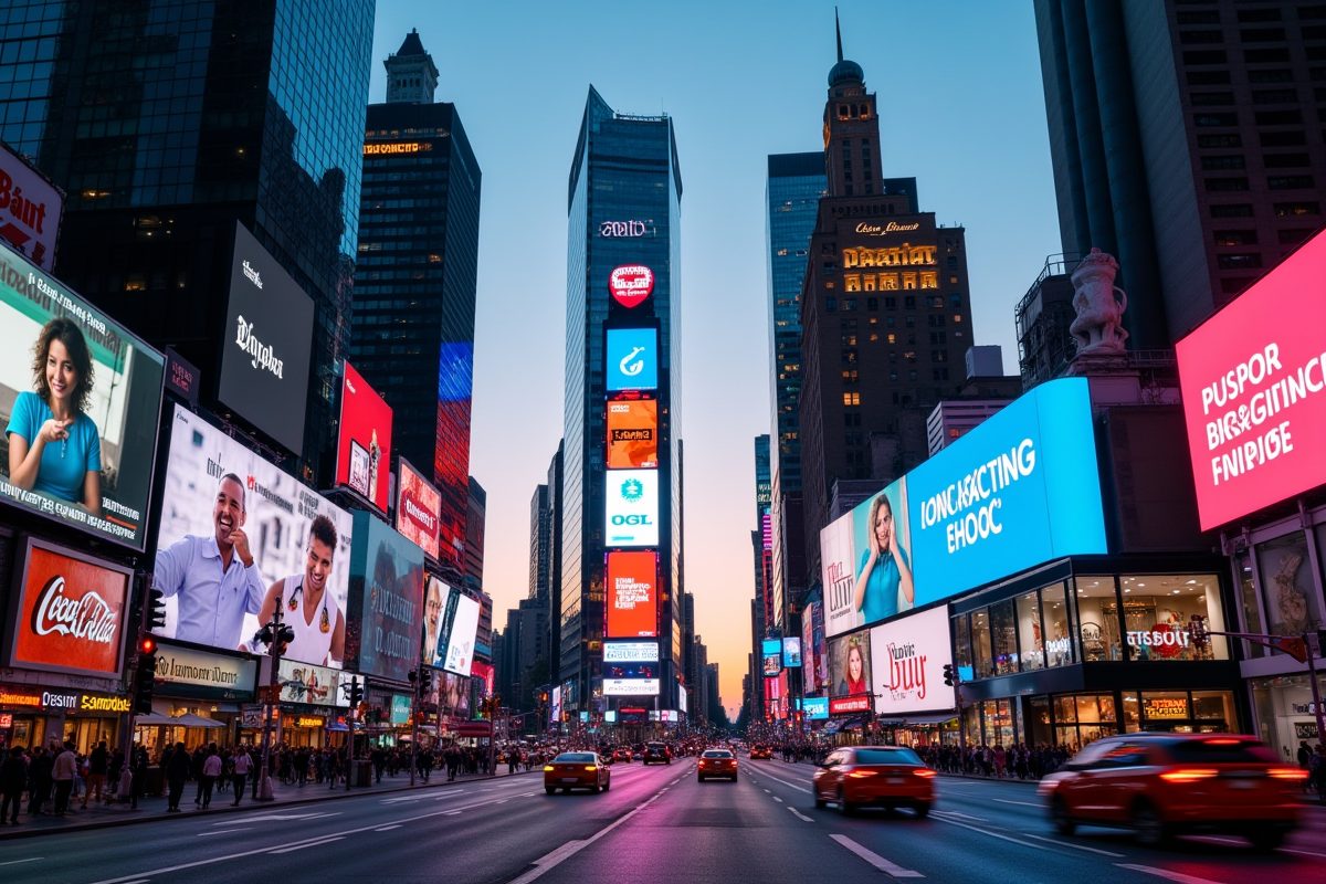 Ville illuminée avec panneaux publicitaires dynamiques au crépuscule