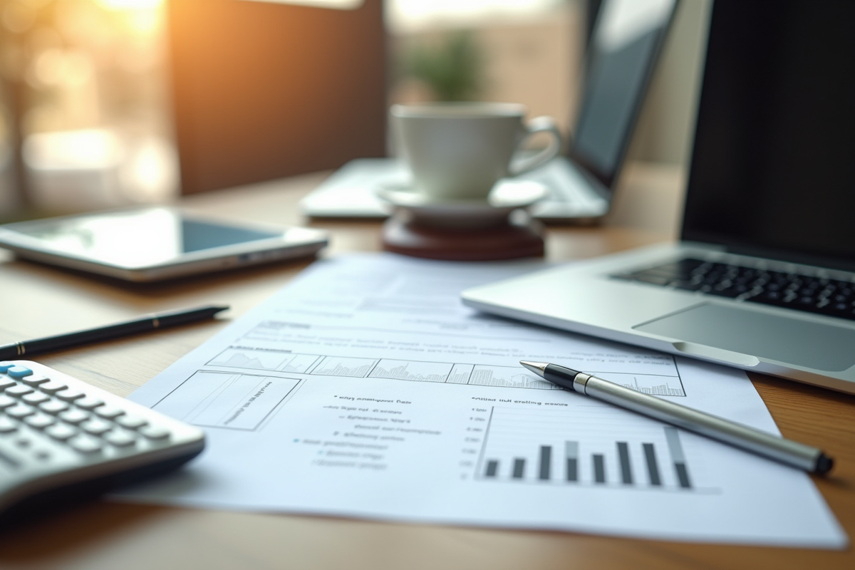 Documents légaux et fiscaux sur un bureau avec ordinateur et café