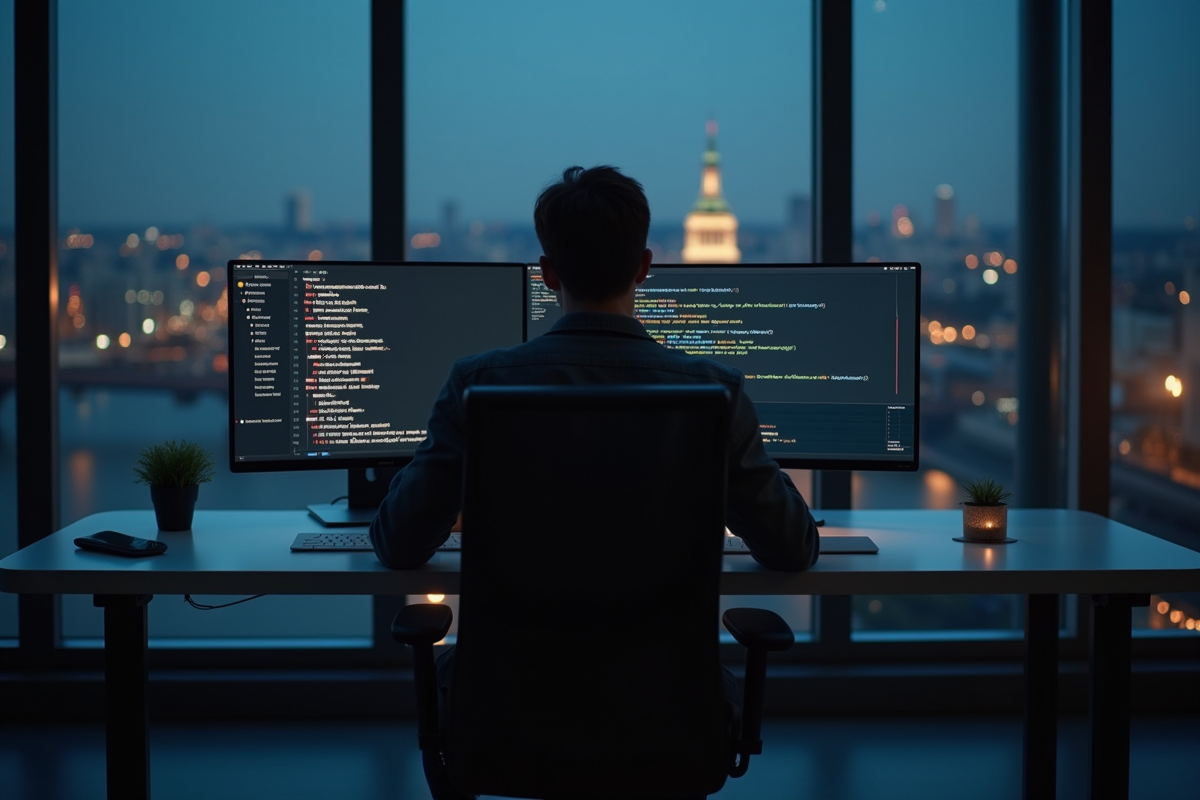 Employe fatigue seul tard le soir devant un bureau Apple