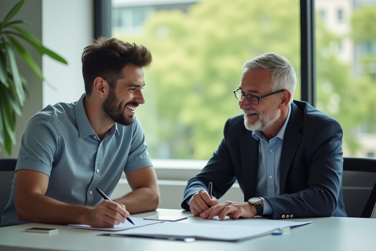 Jeune cadre en mentorat avec un coach dans un bureau lumineux