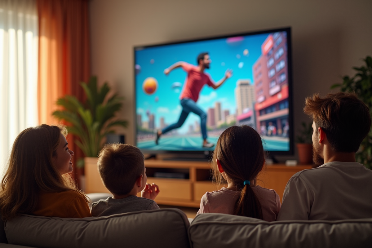 Famille regardant des publicités colorées à la télévision