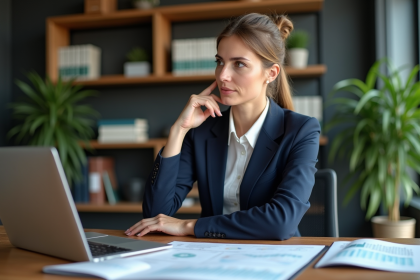 Femme d'affaires en costume navy analysant des graphiques ESG