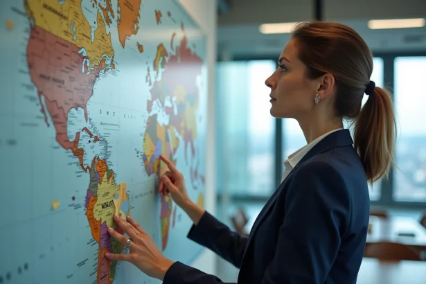 Femme d'affaires examinant une carte du monde dans un bureau moderne