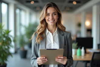 Femme d affaires confiante avec brochures de nettoyage