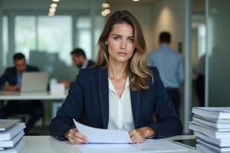 Femme en blazer navy et blouse blanche au bureau