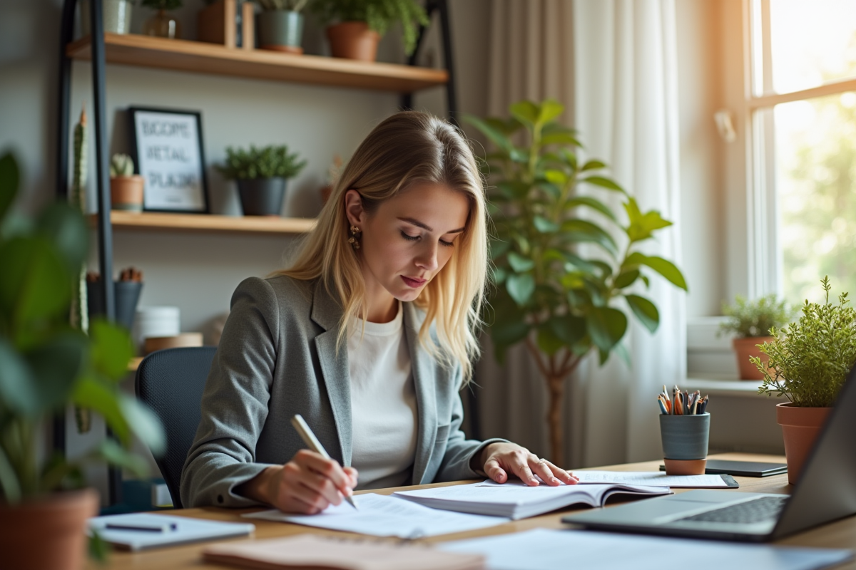 Femme au bureau à domicile concentrée sur son travail