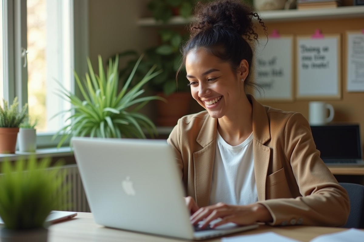 Jeune femme souriante vérifiant une offre d emploi sur son ordinateur