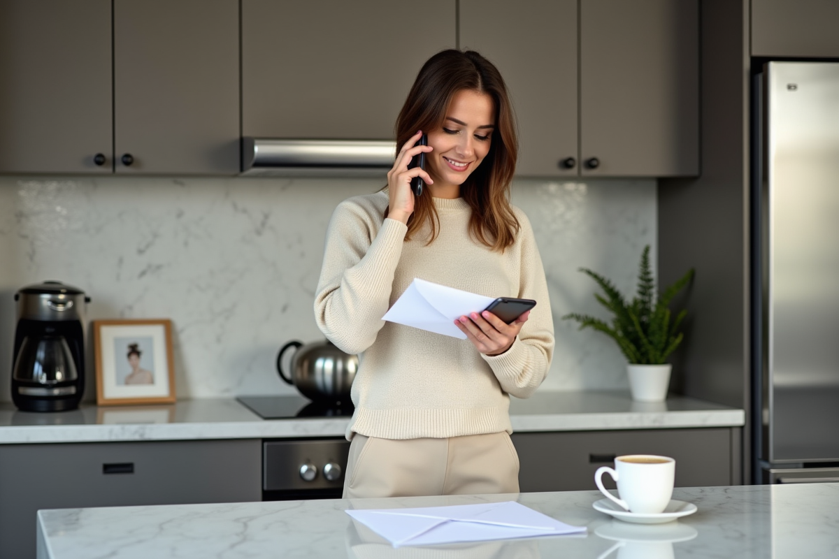 Femme dans une cuisine moderne avec enveloppe et café