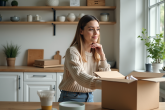 Femme emballant un colis dans une cuisine lumineuse