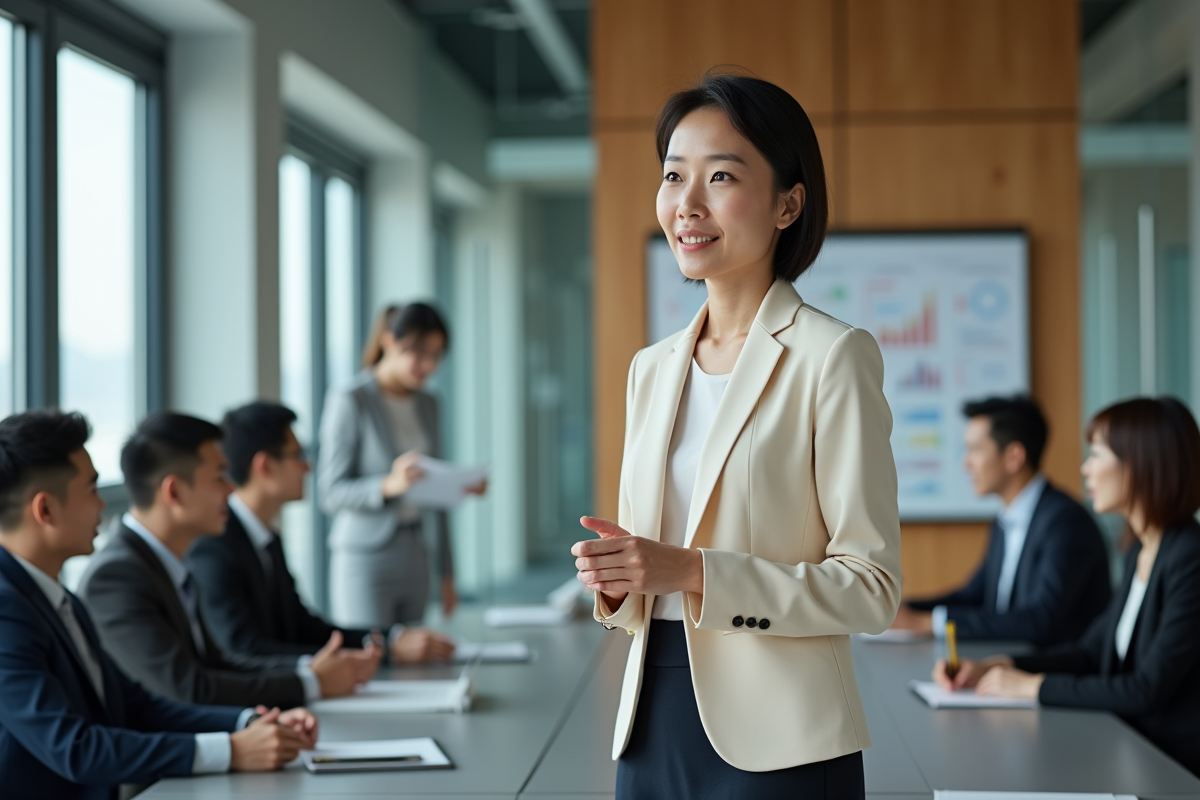 Femme japonaise confiante en réunion de travail