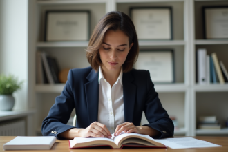 Femme juriste en bureau parisien lisant un code legal