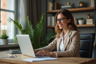 Femme confiante travaillant sur son ordinateur à domicile