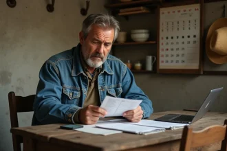 Homme fermier examinant des documents dans une cuisine rurale