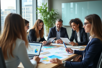 Groupe de professionnels en réunion dans une salle lumineuse