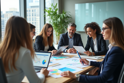Groupe de professionnels en réunion dans une salle lumineuse