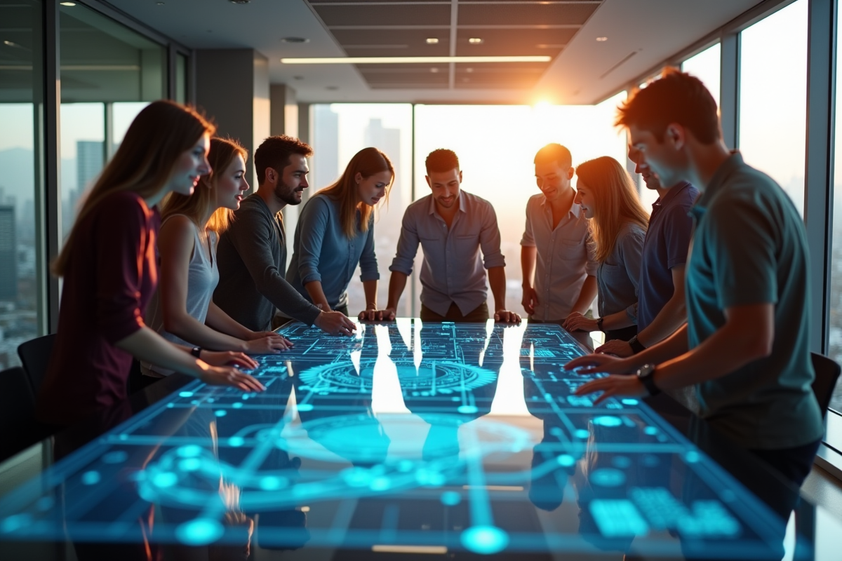 Groupe diversifié collaborant sur un écran interactif lumineux