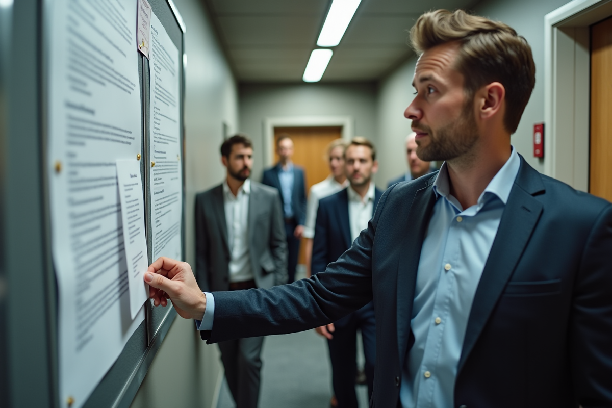 Homme en tenue business pinçant une affiche au bureau