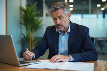 Homme en costume dans un bureau moderne en pleine réflexion
