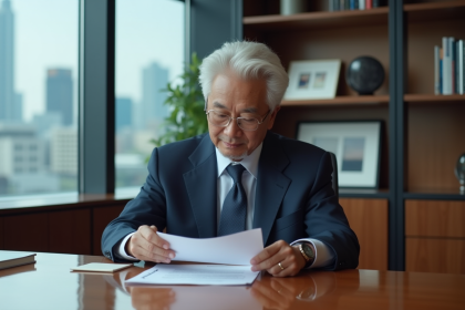 Homme japonais âgé en costume dans un bureau moderne