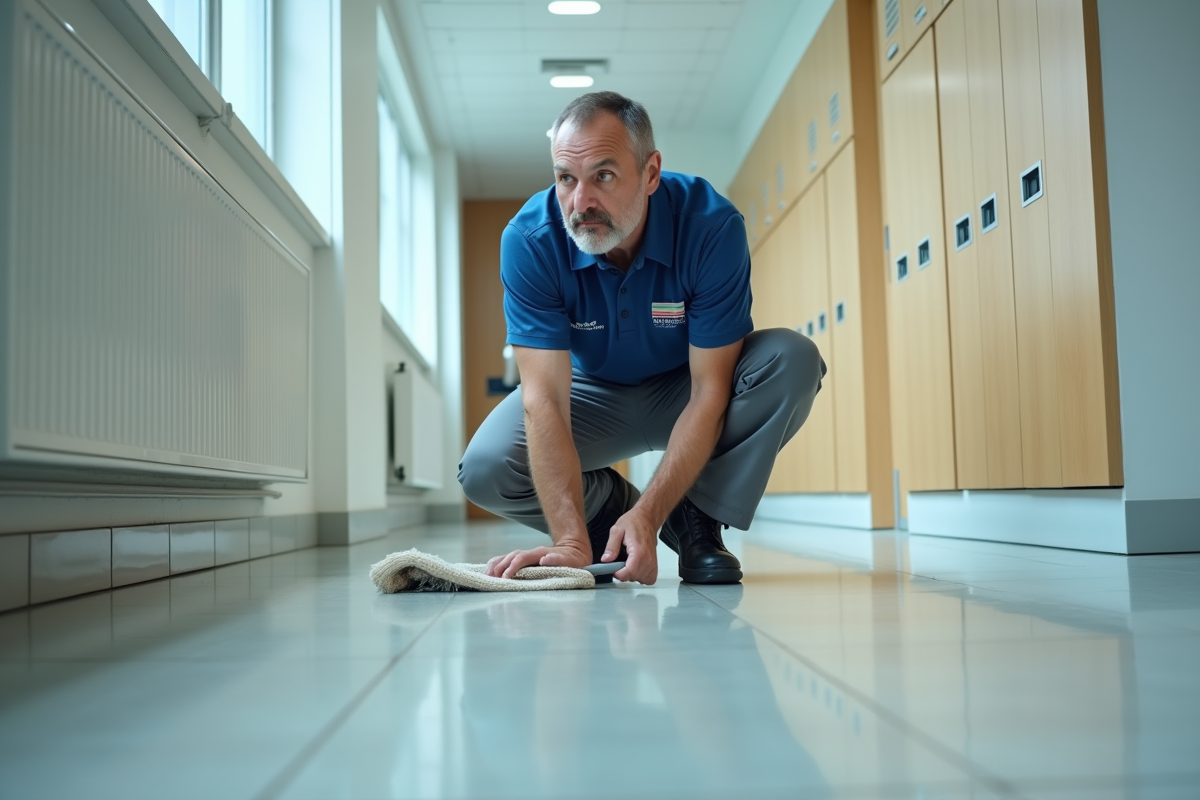 Homme en tenue de travail nettoyant un couloir lumineux
