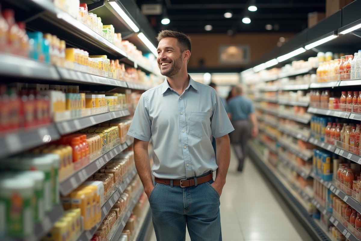 Homme souriant stockant des produits dans un supermarché