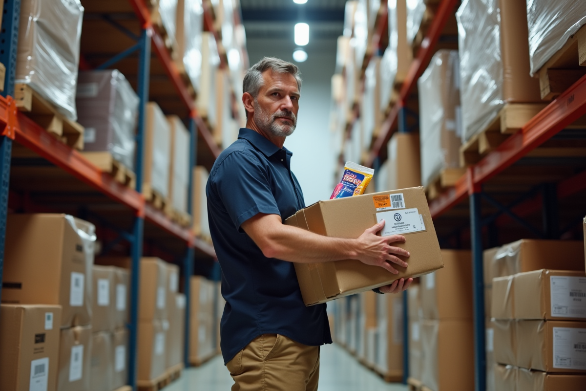 Homme vérifiant un colis dans un entrepôt organisé
