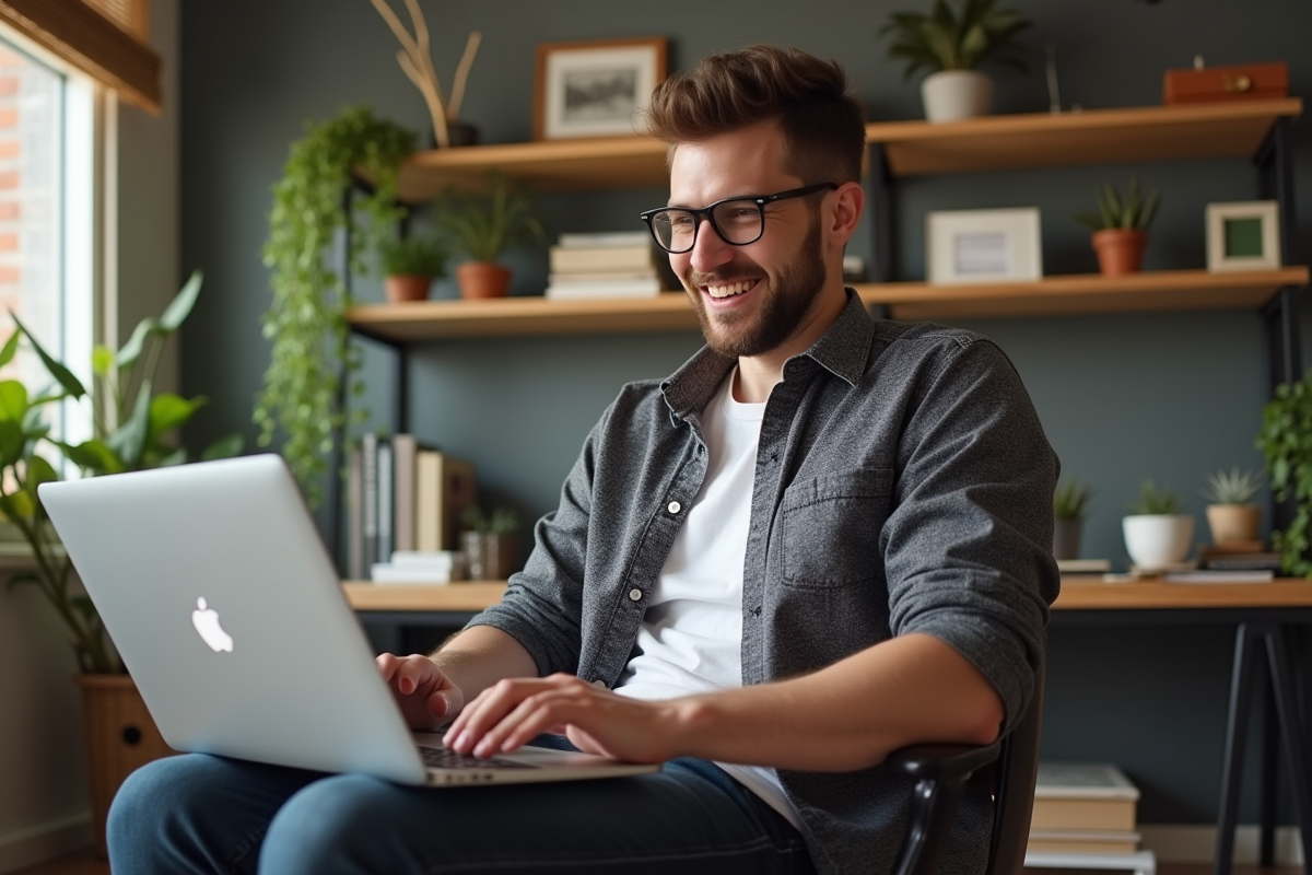 Jeune entrepreneur en visioconference dans son bureau cosy