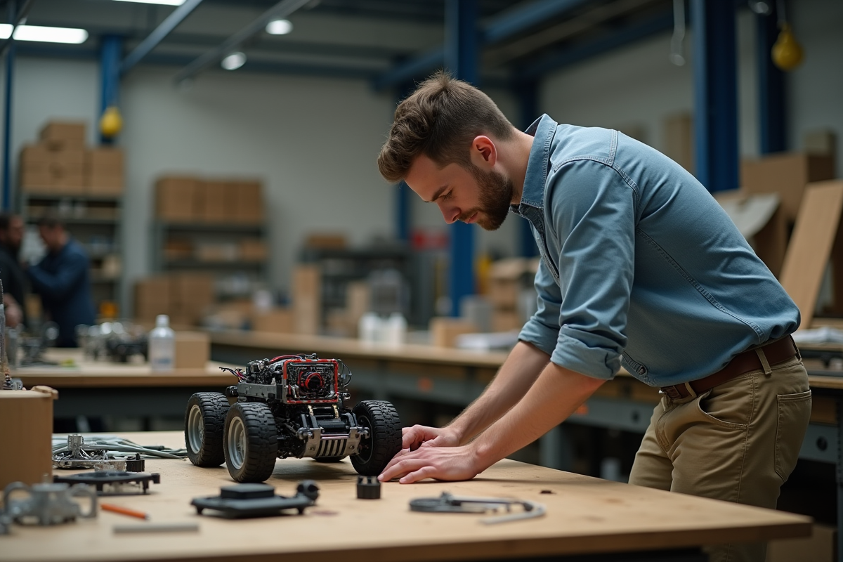 Jeune ingénieur assemblant un robot dans un atelier industriel
