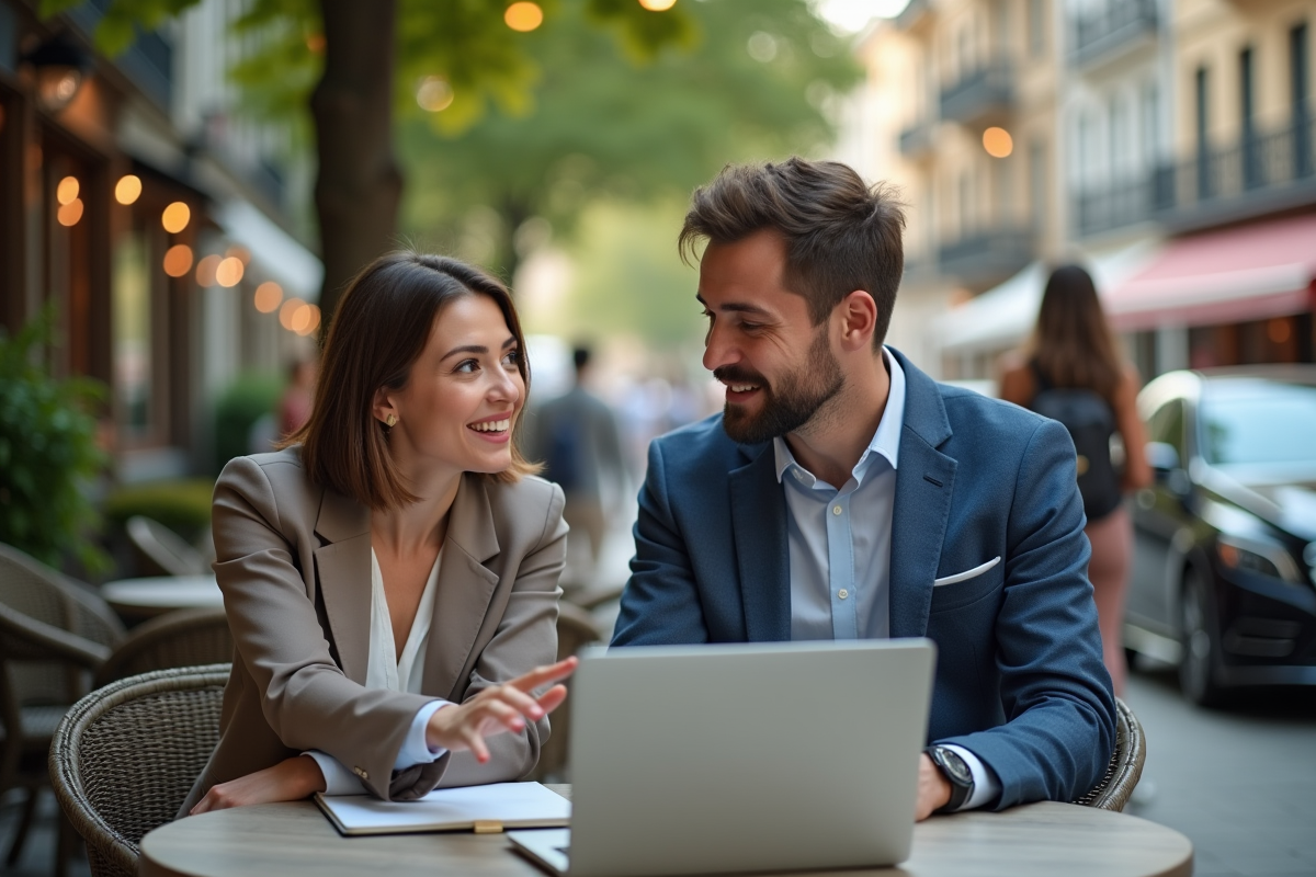 Jeunes entrepreneurs collaborant dans un café en extérieur