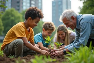 Groupe diversifié plantant des arbres dans un parc urbain