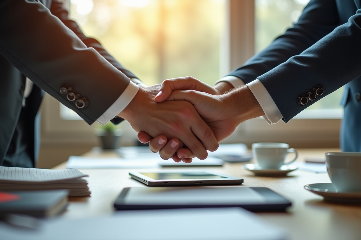 Mains empilées sur un bureau avec outils de travail en équipe