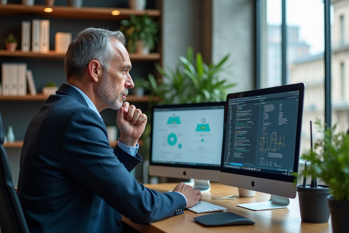 Manager informatique analysant des schémas numériques dans un bureau