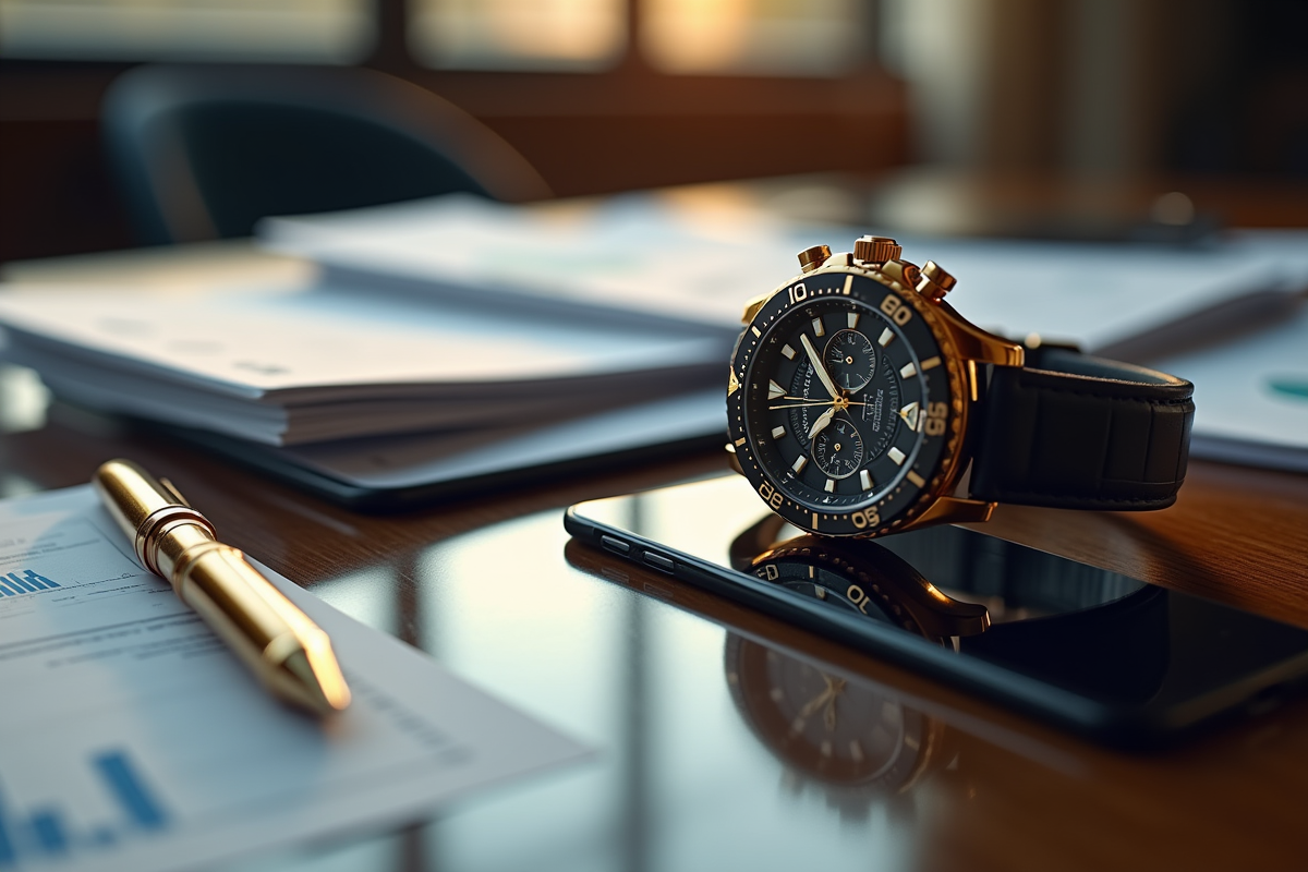 Montres de luxe et smartphones sur un bureau élégant en milieu d