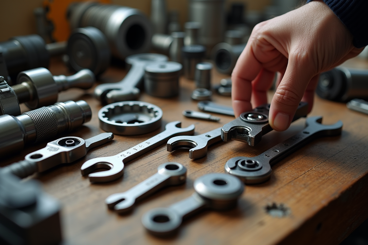 Outils mécaniques précis sur un plan de travail en bois