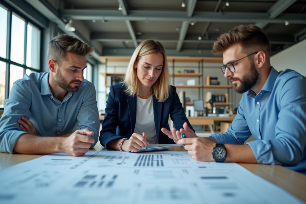 Groupe de professionnels examinant des plans et tablettes