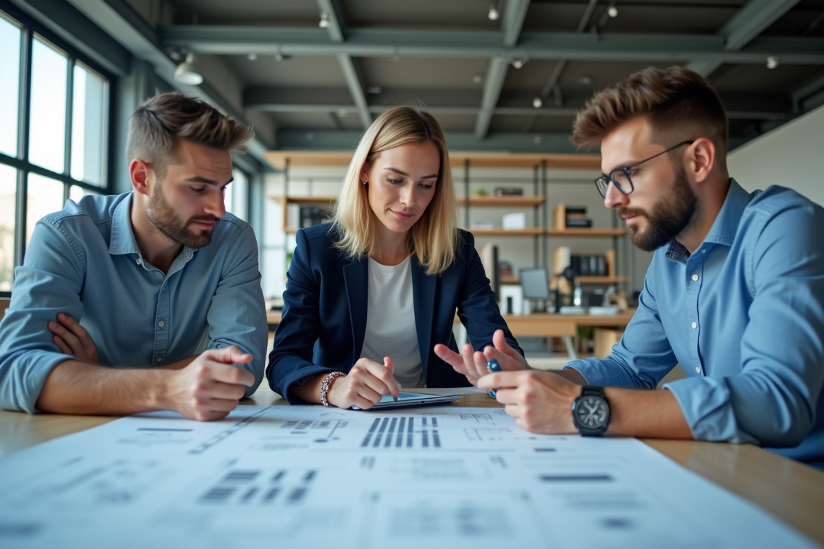 Groupe de professionnels examinant des plans et tablettes
