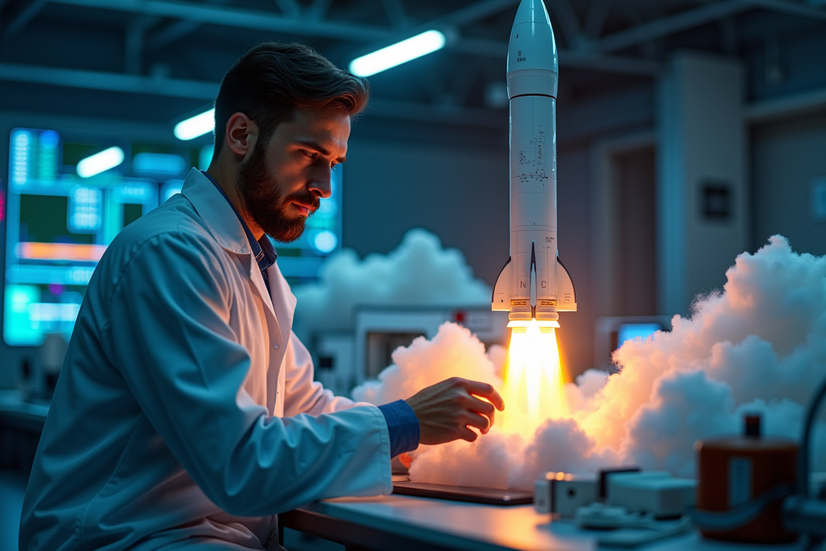 Scientifique lançant un modèle de fusée dans un laboratoire high-tech
