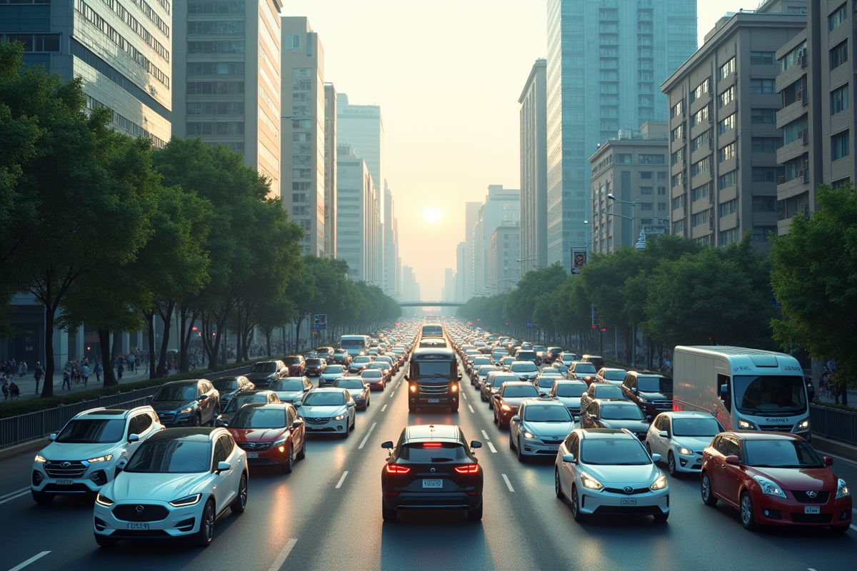 Rue urbaine avec voitures électriques et pollution traditionnelle